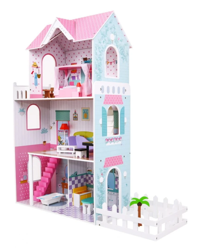 Drewniany domek dla lalek Shoper z ogródkiem i wyposażeniem 124 cm