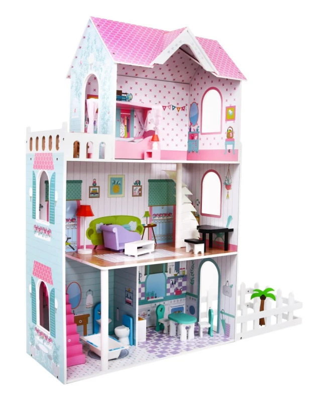 Drewniany domek dla lalek Shoper z ogródkiem i wyposażeniem 124 cm