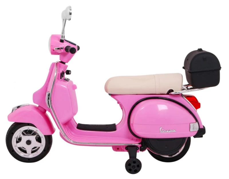 Skuter elektryczny Vespa Ramiż różowy – dzieci, koła pomocnicze, audio