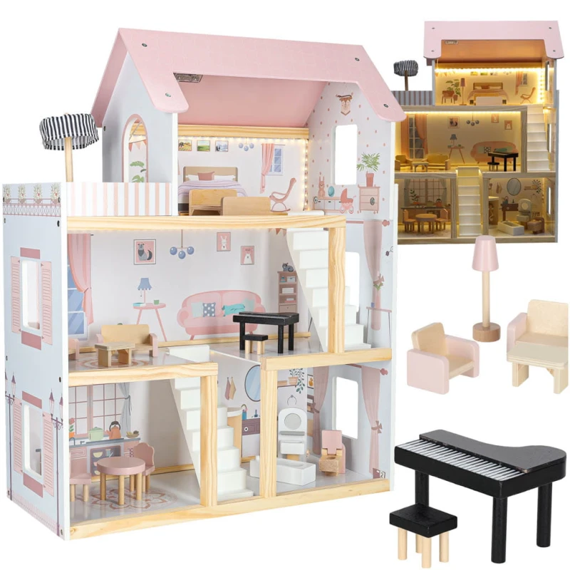 Drewniany domek dla lalek КІК 78 cm LED meble pastelowy