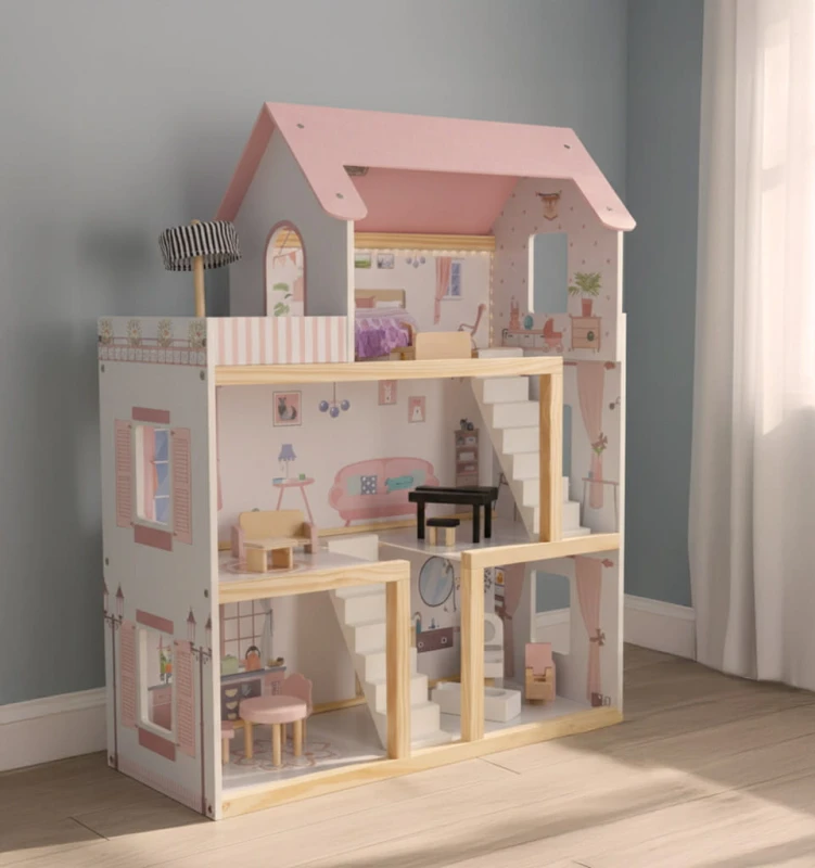 Drewniany domek dla lalek КІК 78 cm LED meble pastelowy