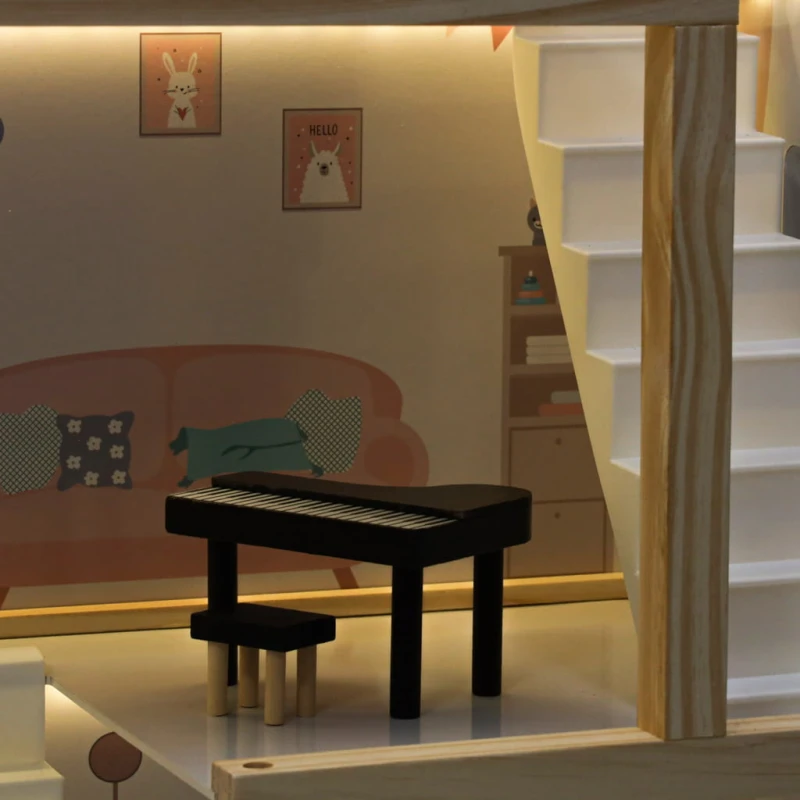 Drewniany domek dla lalek КІК 78 cm LED meble pastelowy