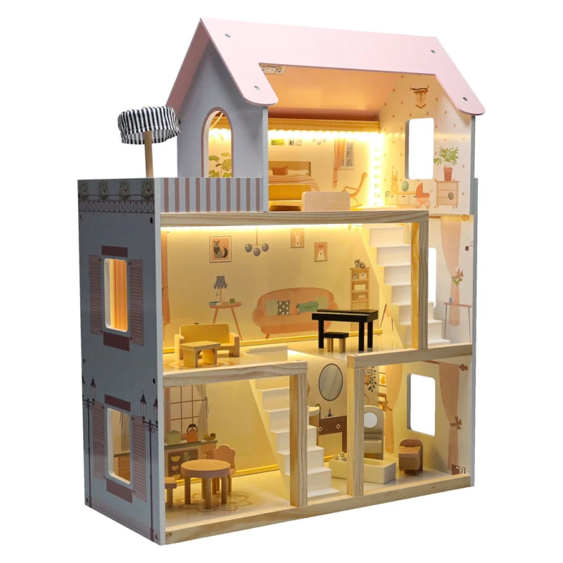 Drewniany domek dla lalek КІК 78 cm LED meble pastelowy