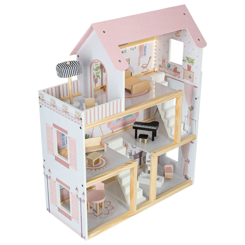 Drewniany domek dla lalek КІК 78 cm LED meble pastelowy