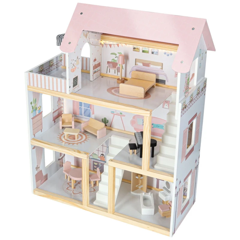 Drewniany domek dla lalek КІК 78 cm LED meble pastelowy