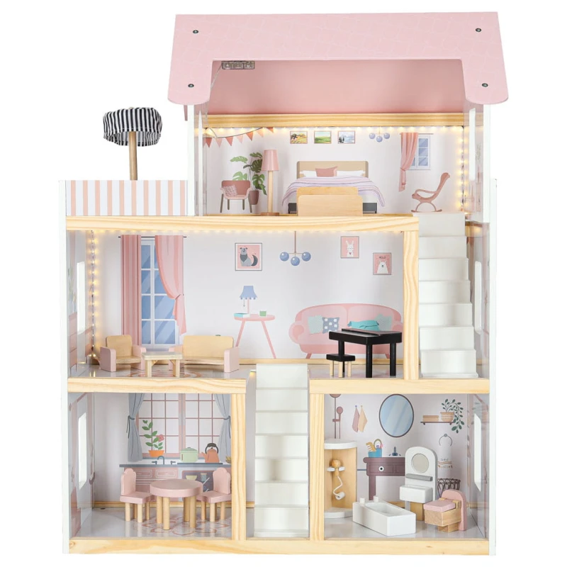 Drewniany domek dla lalek КІК 78 cm LED meble pastelowy