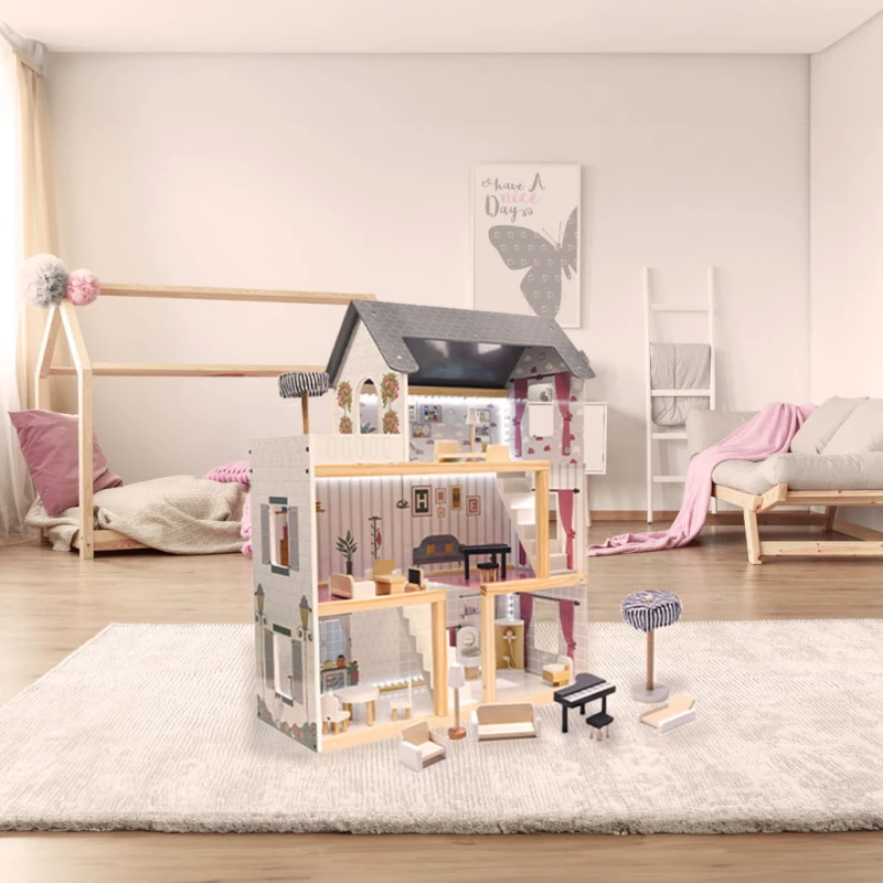 Domek dla lalek MDF КІК biały LED 78cm – 3 piętra, 16 mebli