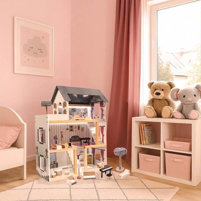 Domek dla lalek MDF КІК biały LED 78cm – 3 piętra, 16 mebli