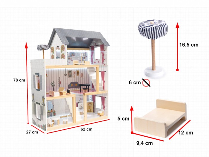 Domek dla lalek MDF КІК biały LED 78cm – 3 piętra, 16 mebli