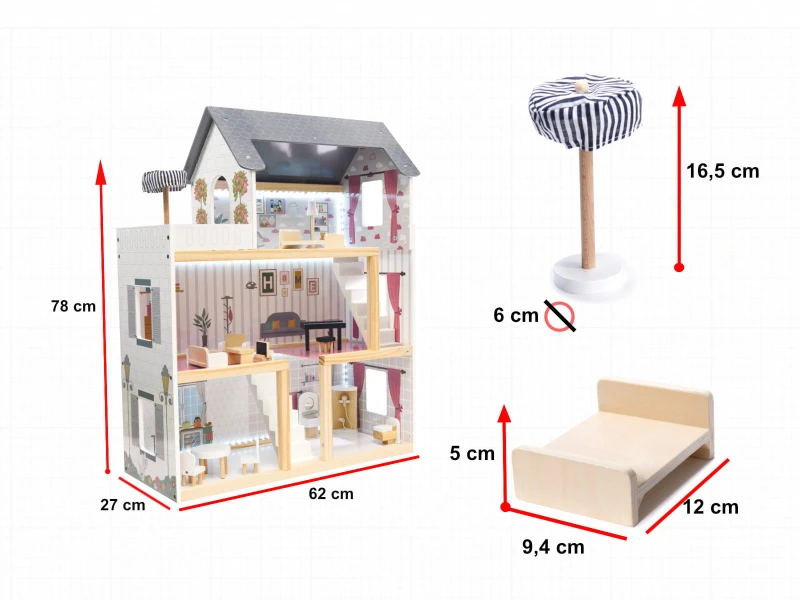 Domek dla lalek drewniany MDF mebelki 78cm biały LED
