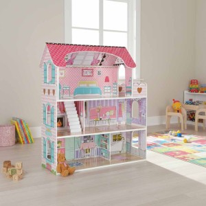 Domek dla lalek drewniany MDF mebelki 70cm różowy LED