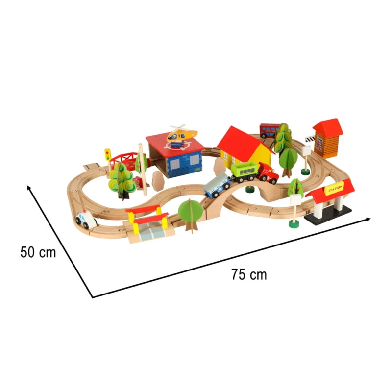 Kolejka drewniana КІК 69 elementów – pociąg, miasto, akcesoria