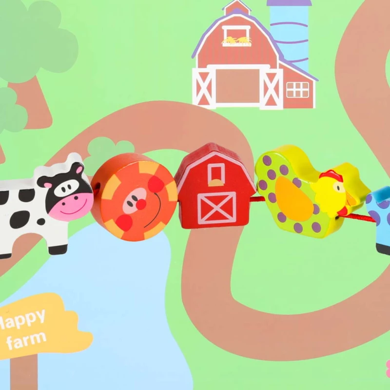 Klocki drewniane do nawlekania КІК – plansza farma, 12 elementów