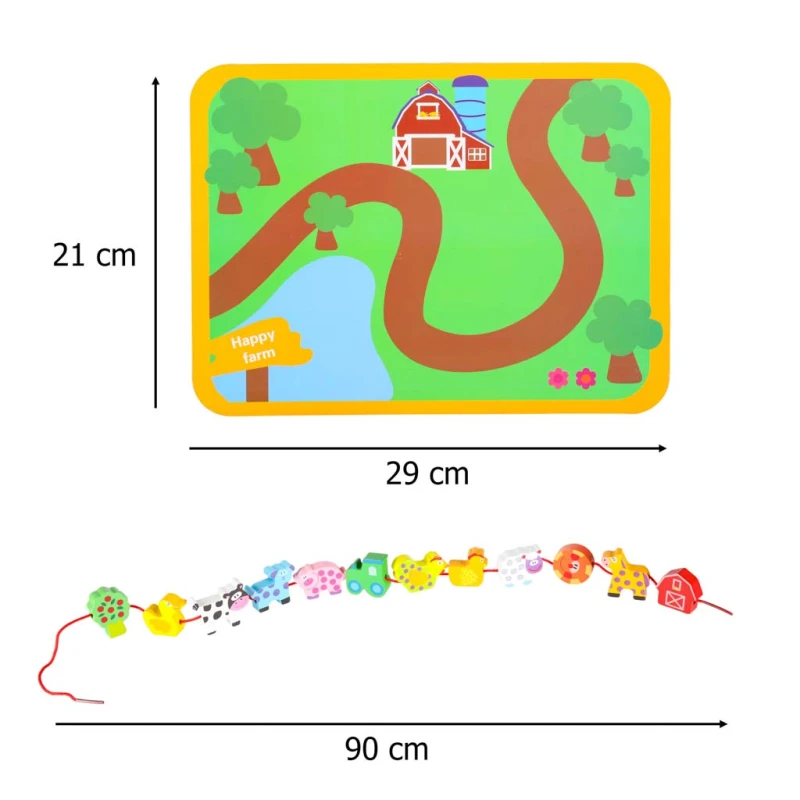 Klocki drewniane do nawlekania КІК – plansza farma, 12 elementów