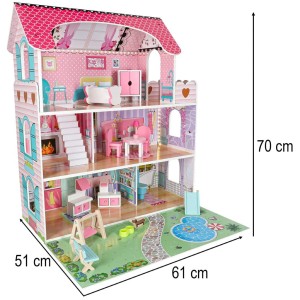 Domek dla lalek drewniany Lulilo Gardeno z ogródkiem mebelki 70cm różowy LED