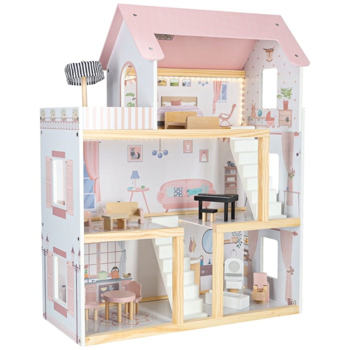 Drewniany domek dla lalek КІК 78 cm LED meble pastelowy