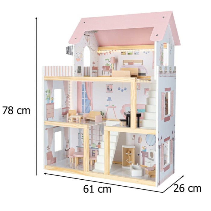 Drewniany domek dla lalek КІК 78 cm LED meble pastelowy