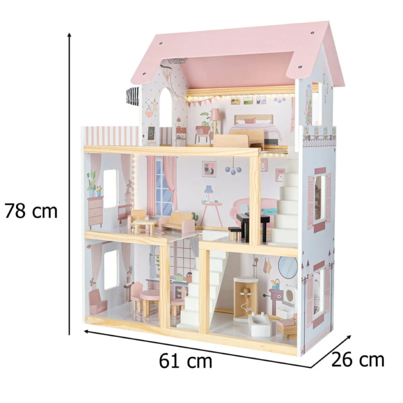 Drewniany domek dla lalek КІК 78 cm LED meble pastelowy