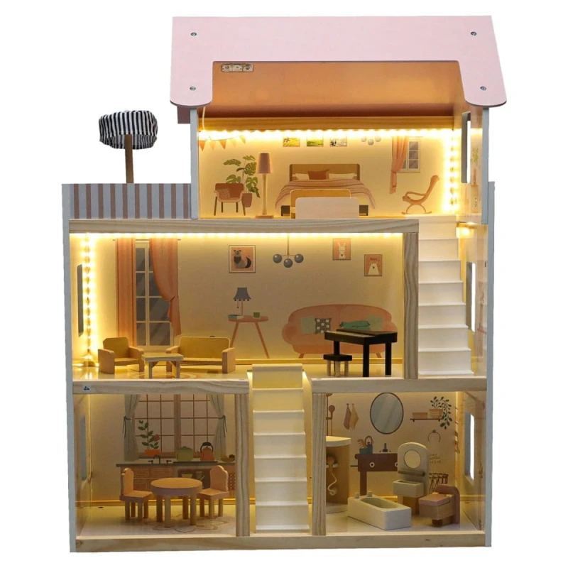Drewniany domek dla lalek КІК 78 cm LED meble pastelowy