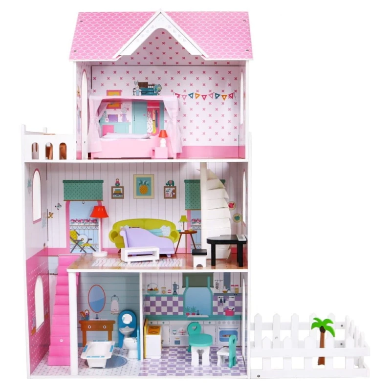 Drewniany domek dla lalek Shoper z ogródkiem i wyposażeniem 124 cm