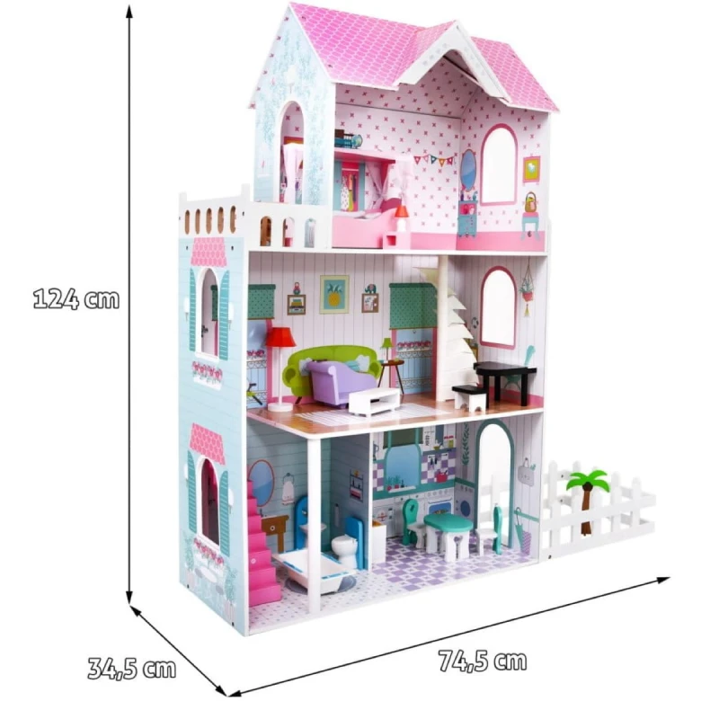 Drewniany domek dla lalek Shoper z ogródkiem i wyposażeniem 124 cm