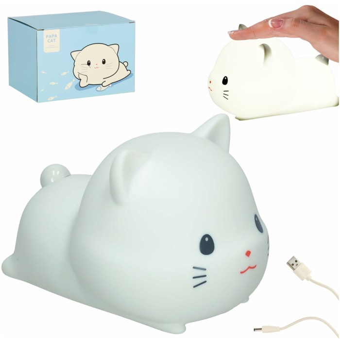 Lampka nocna silikonowa КІК kotek leżący USB biała 15x11x10 cm