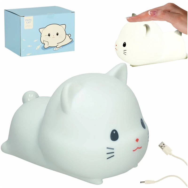 Lampka nocna silikonowa КІК kotek leżący USB biała 15x11x10 cm