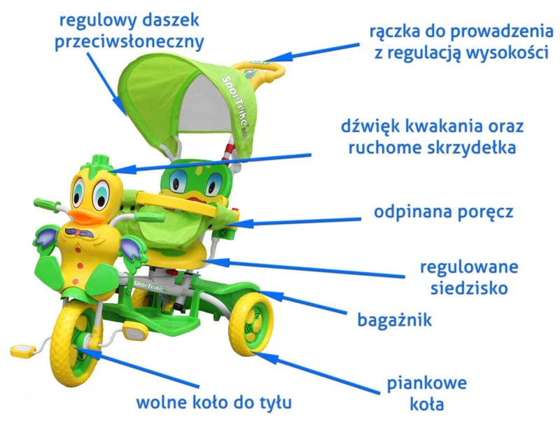 Rowerek trójkołowy Ramiż Kaczka zielony z daszkiem i schowkiem