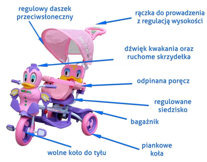 Rowerek trójkołowy Ramiż Kaczka niebieski z daszkiem i dźwiękami