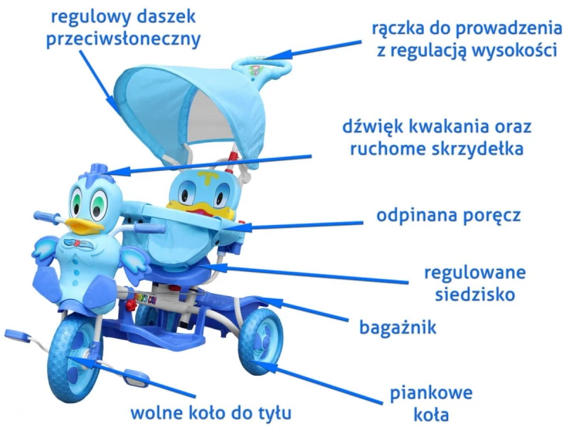 Rowerek trójkołowy Ramiż Kaczka niebieski z daszkiem i dźwiękami