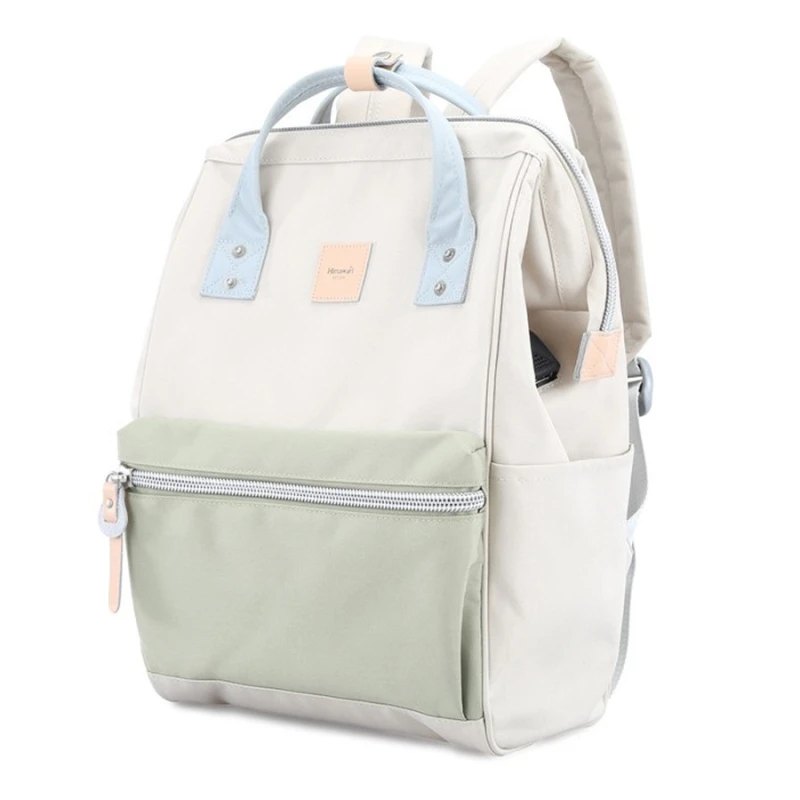 Plecak szkolny beżowo-zielony Himawari z USB - 19L, laptop 13,3