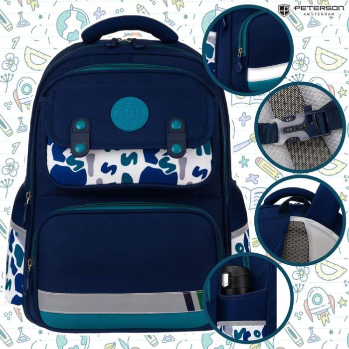 Plecak szkolny Peterson granatowo-zielony 42cm - laptop, 2 komory