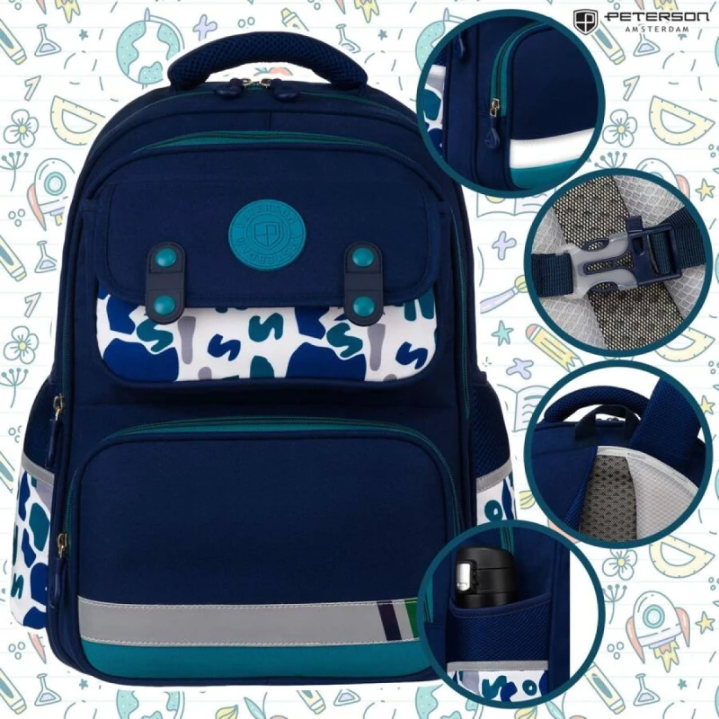 Plecak szkolny Peterson granatowo-zielony 42cm - laptop, 2 komory