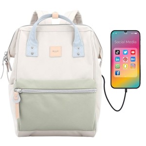 Plecak szkolny beżowo-zielony Himawari z USB - 19L, laptop 13,3
