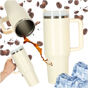 Kubek termiczny 1200 ml ze słomką i uchwytem kremowy