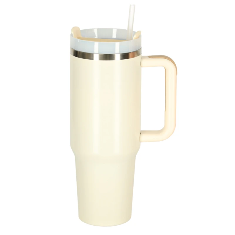 Kubek termiczny 1200 ml ze słomką i uchwytem kremowy