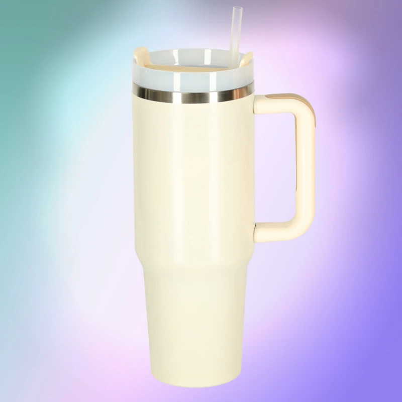 Kubek termiczny 1200 ml ze słomką i uchwytem kremowy