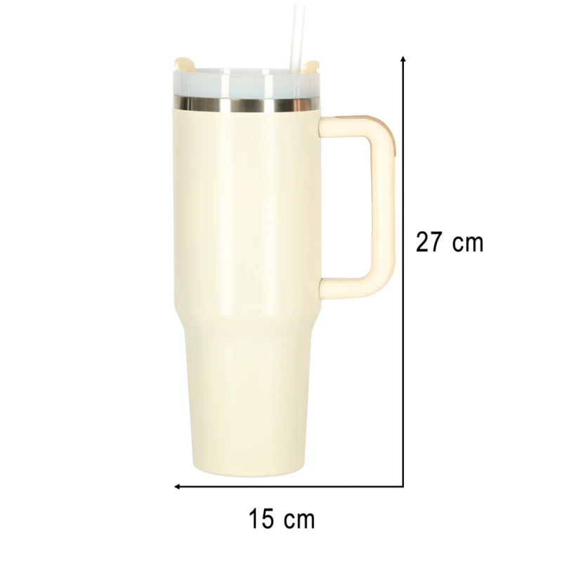 Kubek termiczny 1200 ml ze słomką i uchwytem kremowy