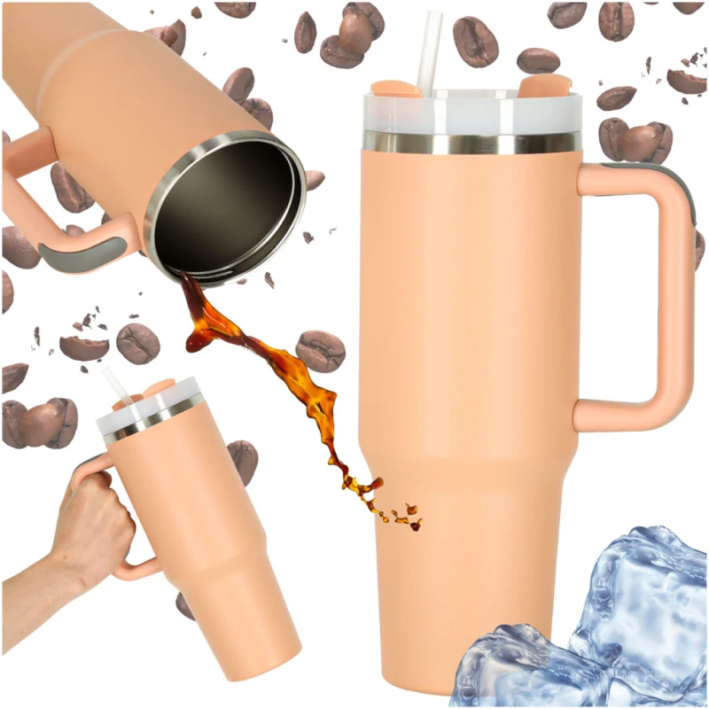 Kubek termiczny 1200ml ze słomką i uchwytem - pudrowy róż