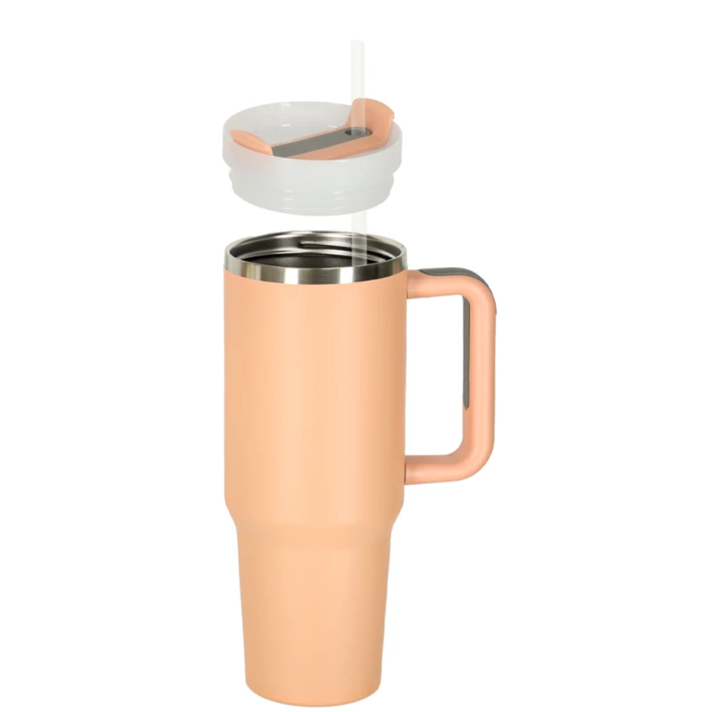 Kubek termiczny 1200ml ze słomką i uchwytem - pudrowy róż