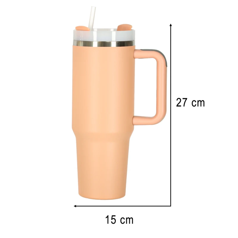 Kubek termiczny 1200ml ze słomką i uchwytem - pudrowy róż