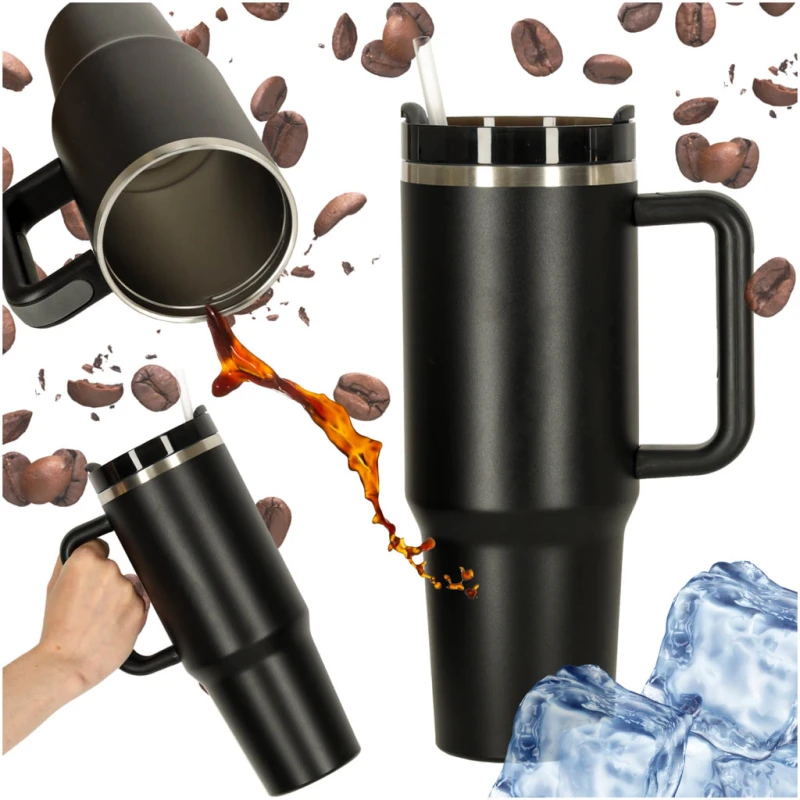 Kubek termiczny 1200ml ze słomką i uchwytem czarny KIK