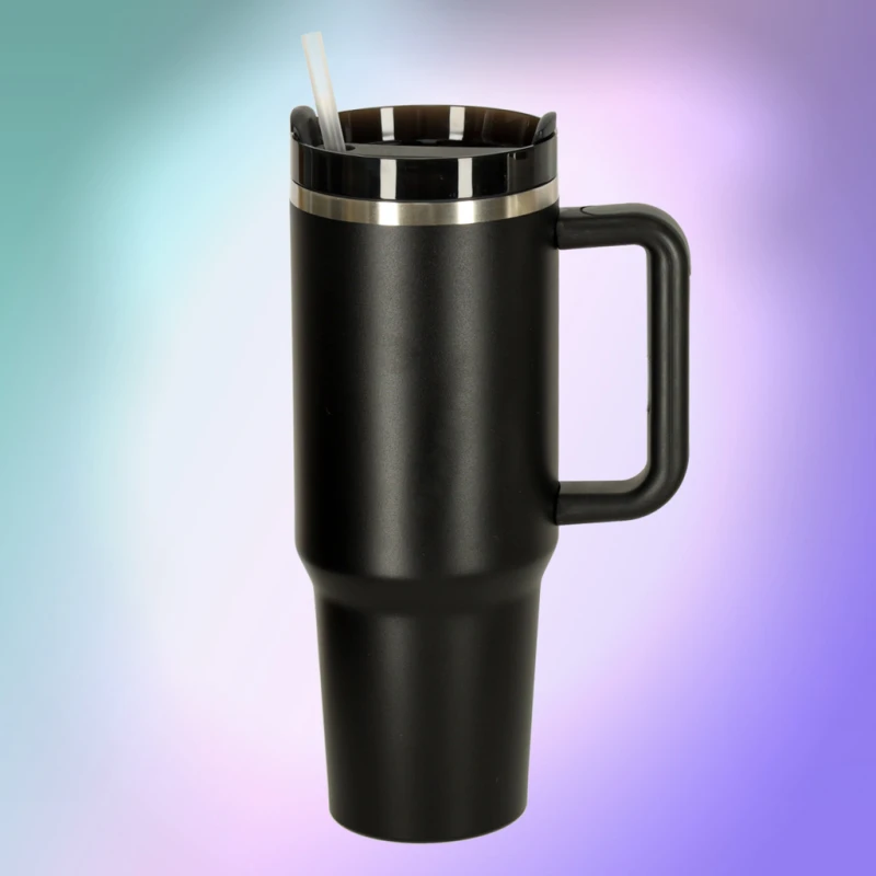 Kubek termiczny 1200ml ze słomką i uchwytem czarny KIK