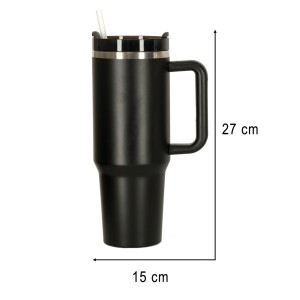 Kubek termiczny 1200ml ze słomką i uchwytem czarny KIK