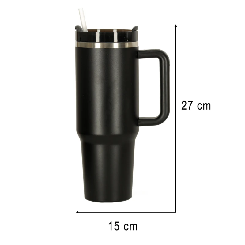 Kubek termiczny 1200ml ze słomką i uchwytem czarny KIK