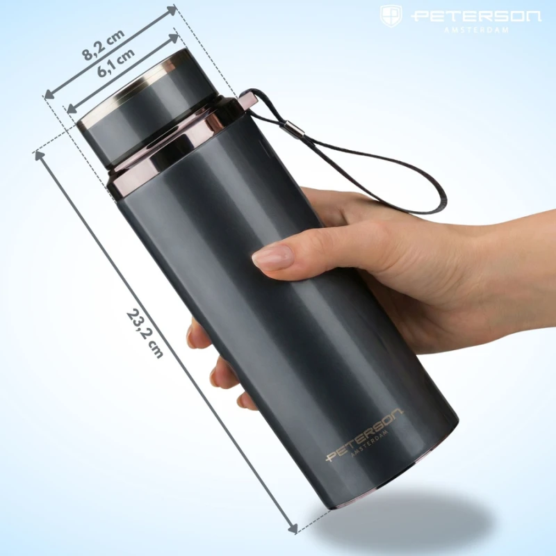 Termos stalowy 750 ml z sitkiem Peterson - szary, uchwyt na nadgarstek