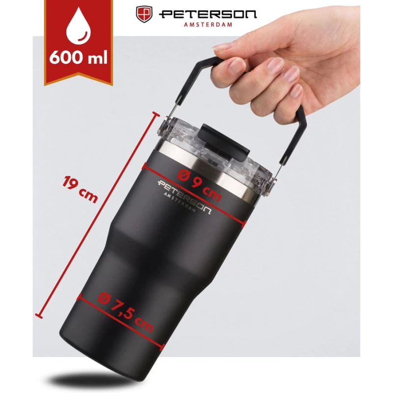 Kubek termiczny Peterson 600 ml z uchwytem - stal nierdzewna, czarny