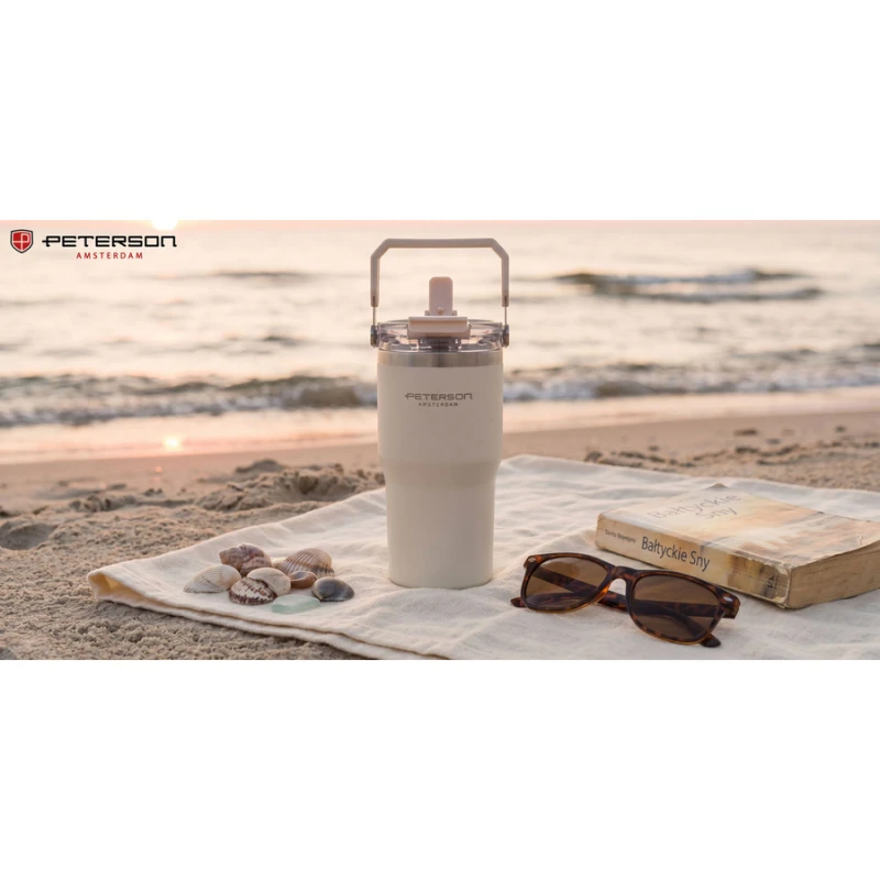 Kubek termiczny 600 ml Peterson ecru z uchwytem - stal nierdzewna