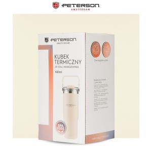 Kubek termiczny 600 ml Peterson ecru z uchwytem - stal nierdzewna