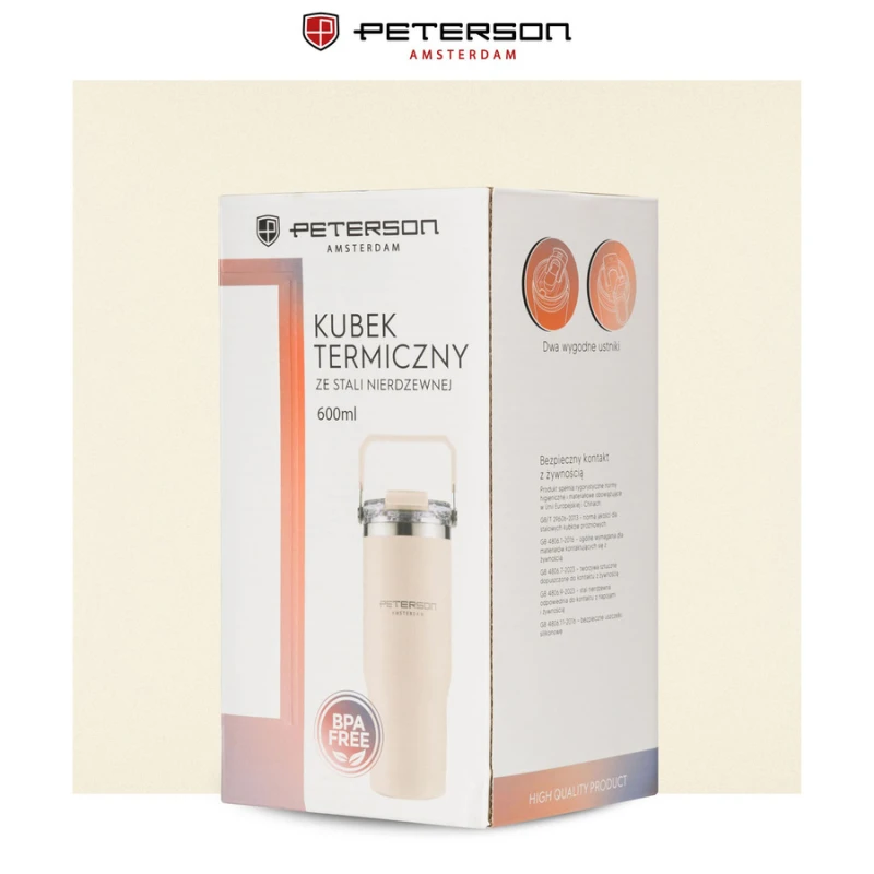 Kubek termiczny 600 ml Peterson ecru z uchwytem - stal nierdzewna